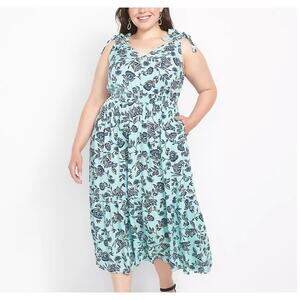 Lane Bryant Mint Floral Vines Midi Dress Women's Size 18 Tiered Cottage Boho 2X